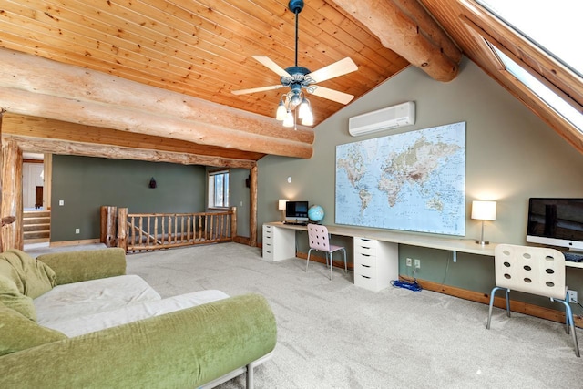 8800 Sunset Trl, Chanhassen, MN 55317 - living room with a wall mounted AC, carpet, wooden ceiling, a ceiling fan, and baseboards