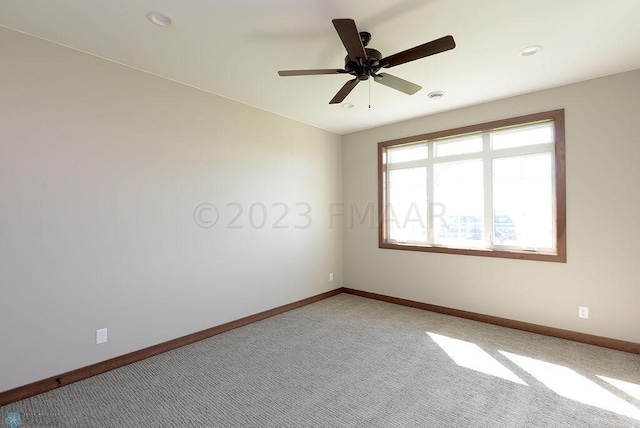 unfurnished room with baseboards, recessed lighting, ceiling fan, and light carpet