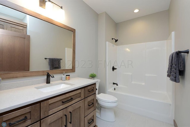 bathroom featuring toilet, shower / bath combination, tile patterned flooring, and vanity