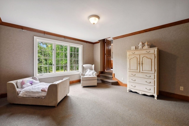 bedroom with carpet and crown molding