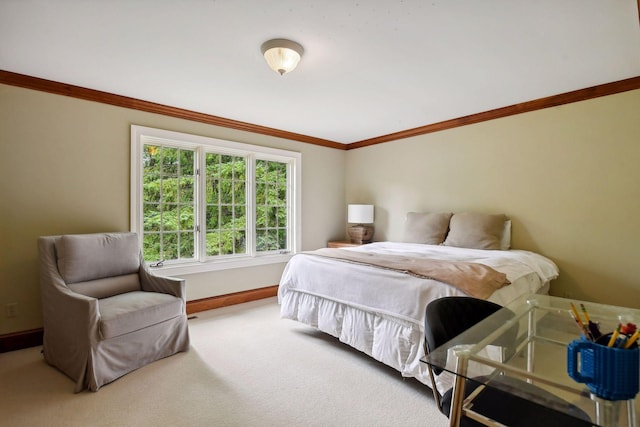 carpeted bedroom featuring ornamental molding