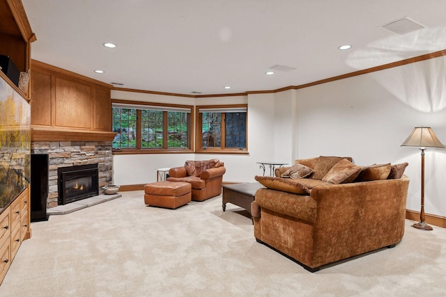 carpeted living room featuring crown molding and a fireplace