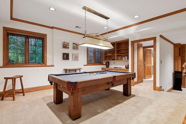 rec room featuring light colored carpet, crown molding, and billiards