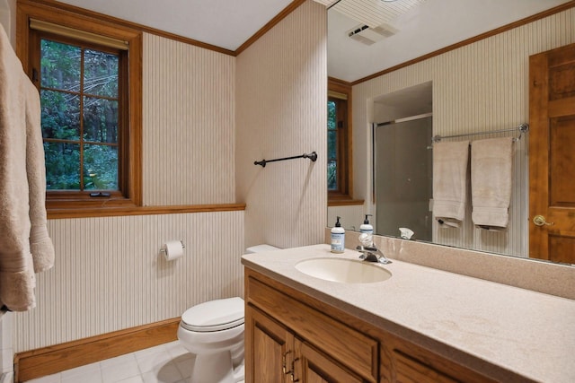 bathroom with vanity, a shower with door, tile patterned floors, toilet, and ornamental molding