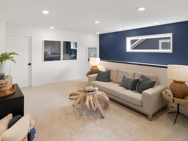 living room featuring light colored carpet