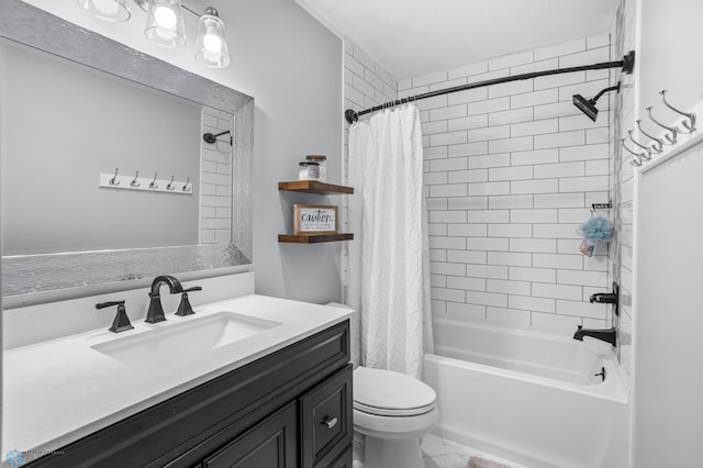 full bathroom featuring vanity, shower / bath combination with curtain, and toilet