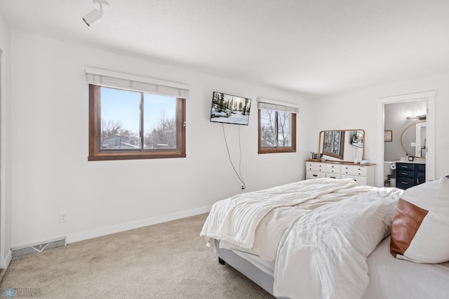 bedroom featuring light colored carpet and multiple windows