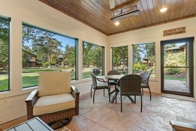 sunroom / solarium featuring a healthy amount of sunlight and wooden ceiling