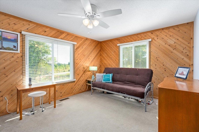 living area with light colored carpet, a healthy amount of sunlight, and a textured ceiling