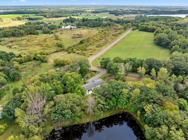 bird's eye view with a water view and a rural view