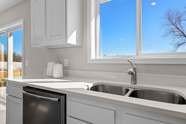 kitchen featuring white cabinets, plenty of natural light, sink, and stainless steel dishwasher