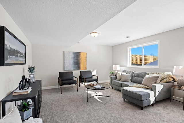 carpeted living room with a textured ceiling