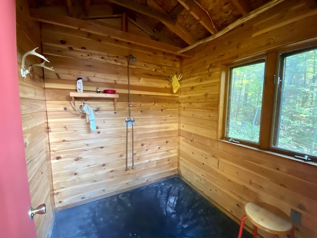 empty room with vaulted ceiling, a healthy amount of sunlight, and wooden walls