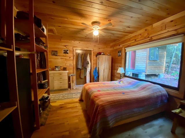 bedroom featuring wood ceiling, light hardwood / wood-style flooring, ceiling fan, and wooden walls