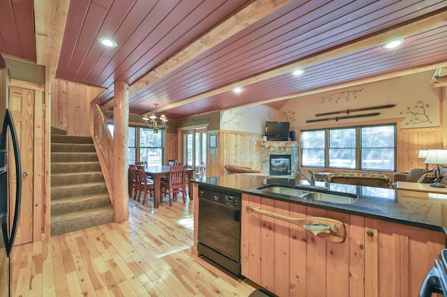 kitchen with dishwasher, light hardwood / wood-style flooring, wood ceiling, sink, and a stone fireplace