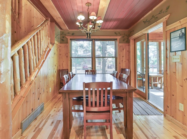 dining room featuring wood ceiling, wooden walls, and light hardwood / wood-style floors