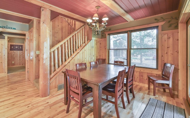 dining space featuring wood walls, light wood-type flooring, wooden ceiling, and a notable chandelier