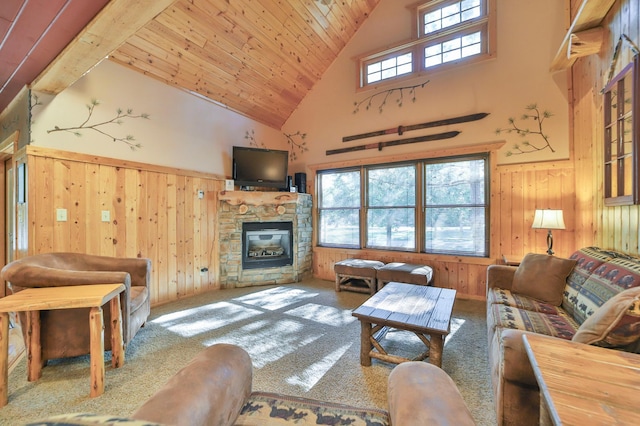 living room with carpet flooring, high vaulted ceiling, wood ceiling, and a fireplace