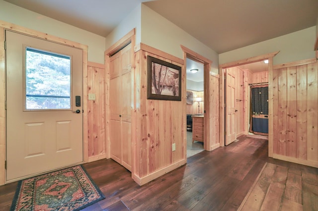 foyer entrance with wood walls and dark hardwood / wood-style flooring