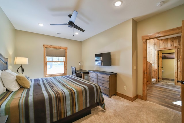 bedroom with light colored carpet, baseboards, a ceiling fan, and recessed lighting