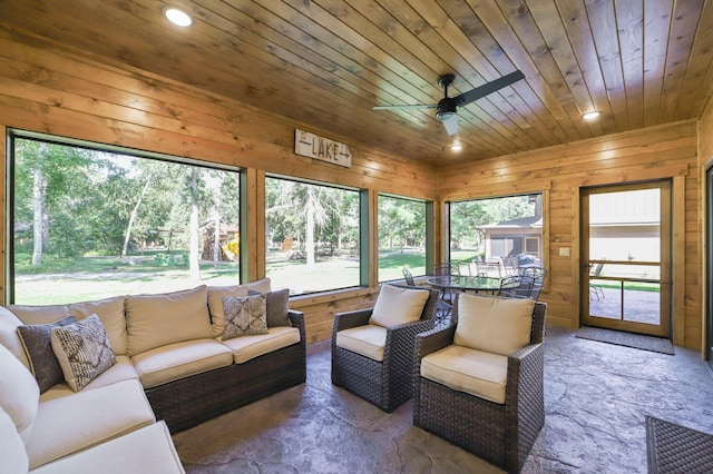 interior space with a ceiling fan, wooden walls, recessed lighting, and wooden ceiling