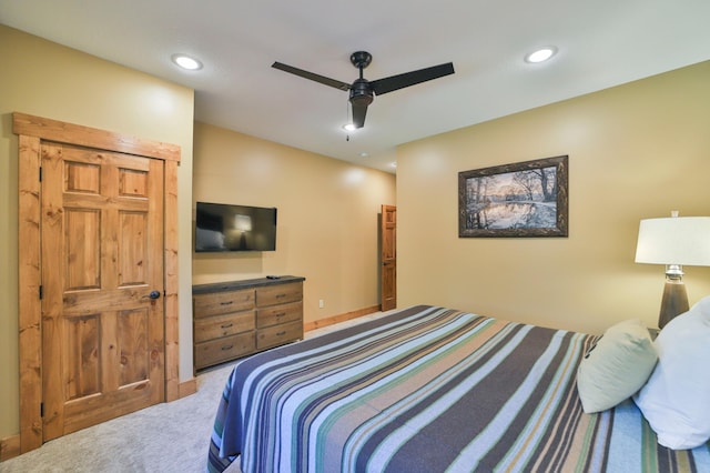 carpeted bedroom with recessed lighting and ceiling fan