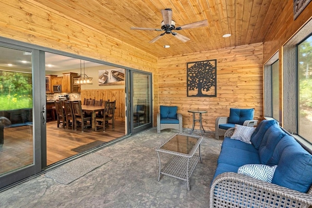 interior space with wood ceiling and ceiling fan