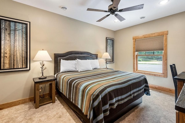 bedroom featuring a ceiling fan, recessed lighting, baseboards, carpet flooring, and visible vents