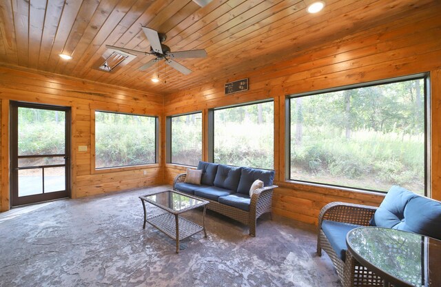 interior space with wooden ceiling, a healthy amount of sunlight, and ceiling fan