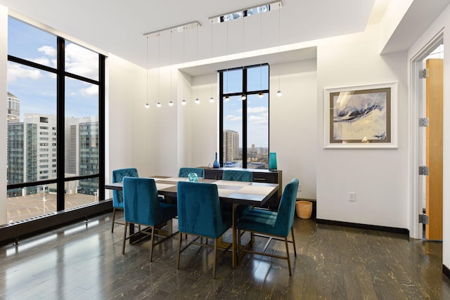 dining area featuring dark wood-type flooring, expansive windows, and track lighting