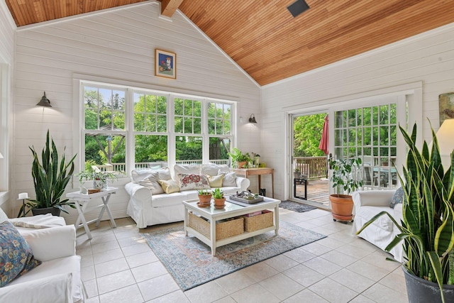 20390 Linwood Rd, Deephaven, MN 55331 - living area featuring wood ceiling, light tile patterned floors, wooden walls, plenty of natural light, and high vaulted ceiling