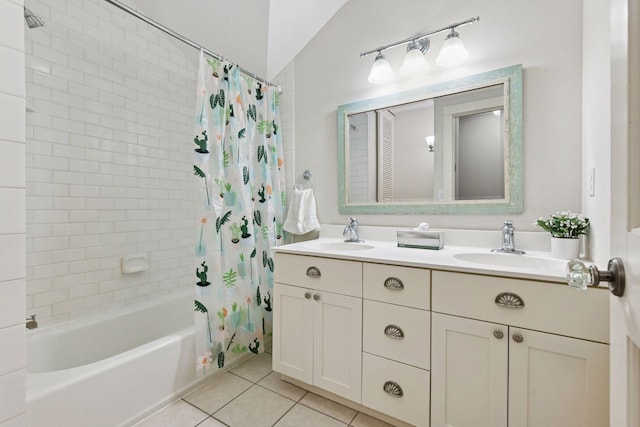 20390 Linwood Rd, Deephaven, MN 55331 - full bathroom with shower / tub combo with curtain, double vanity, and tile patterned floors