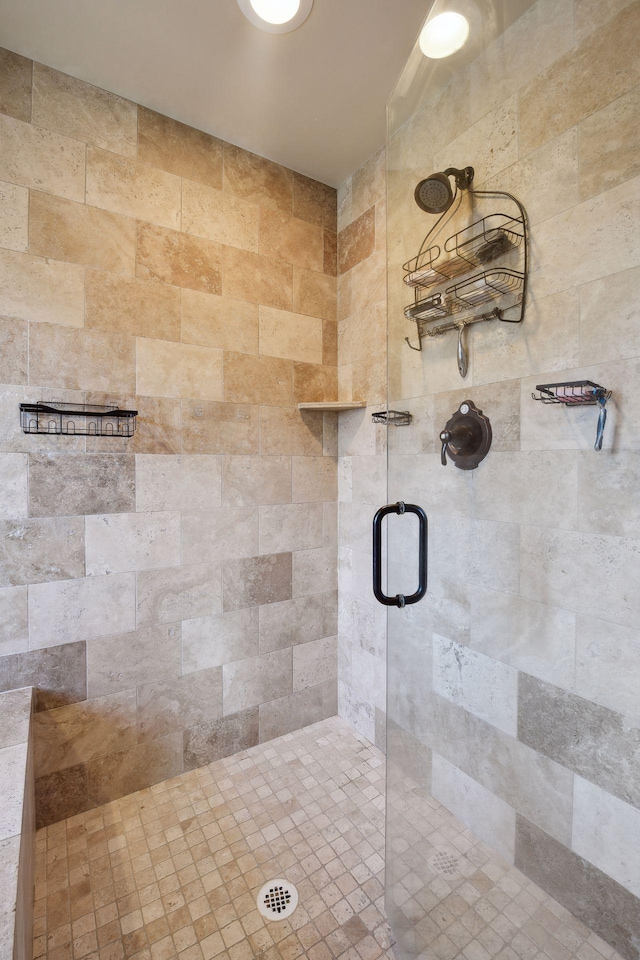 bathroom featuring a shower with shower door