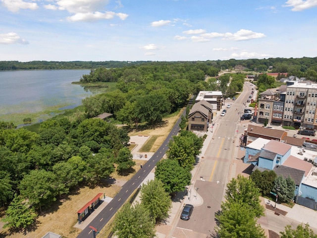 drone / aerial view with a water view