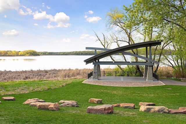 view of home's community featuring a water view and a yard