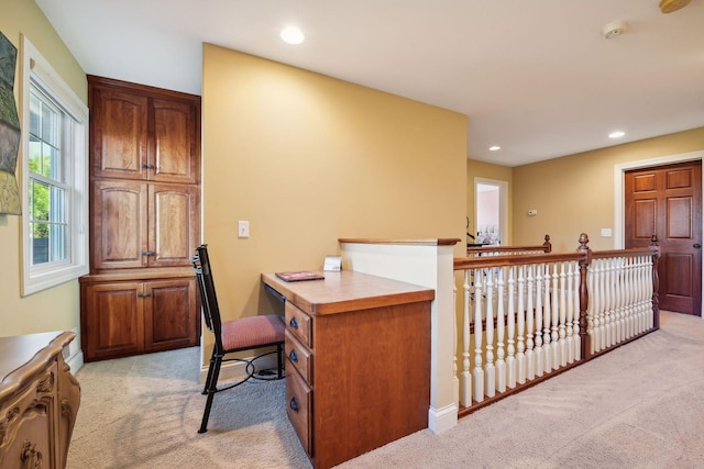 office area featuring recessed lighting and light colored carpet