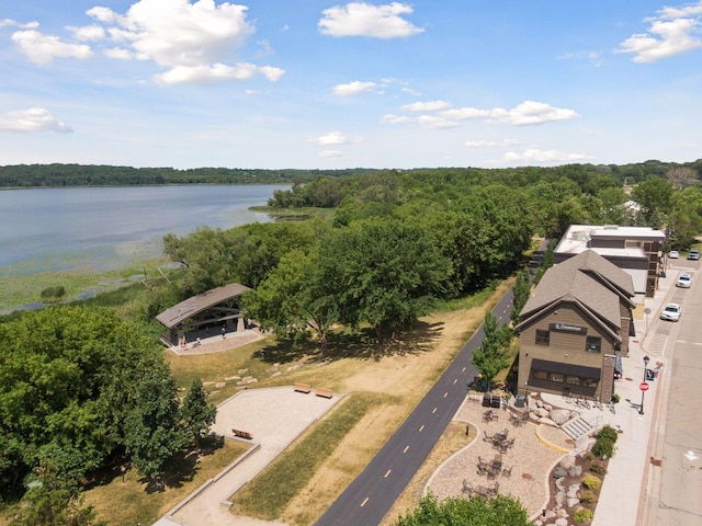 drone / aerial view featuring a water view and a wooded view