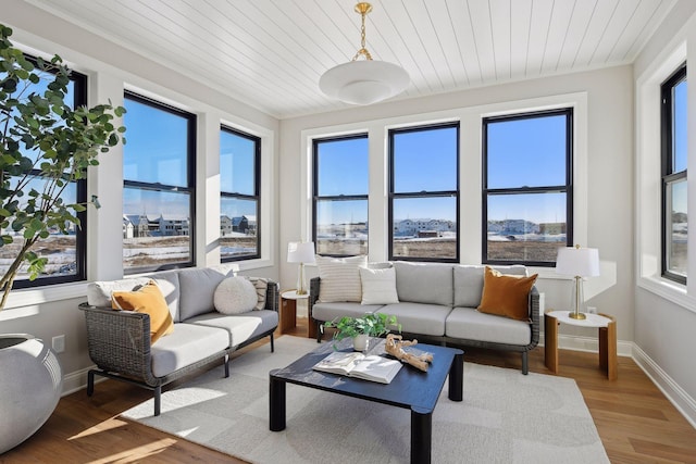 sunroom featuring a healthy amount of sunlight and wooden ceiling