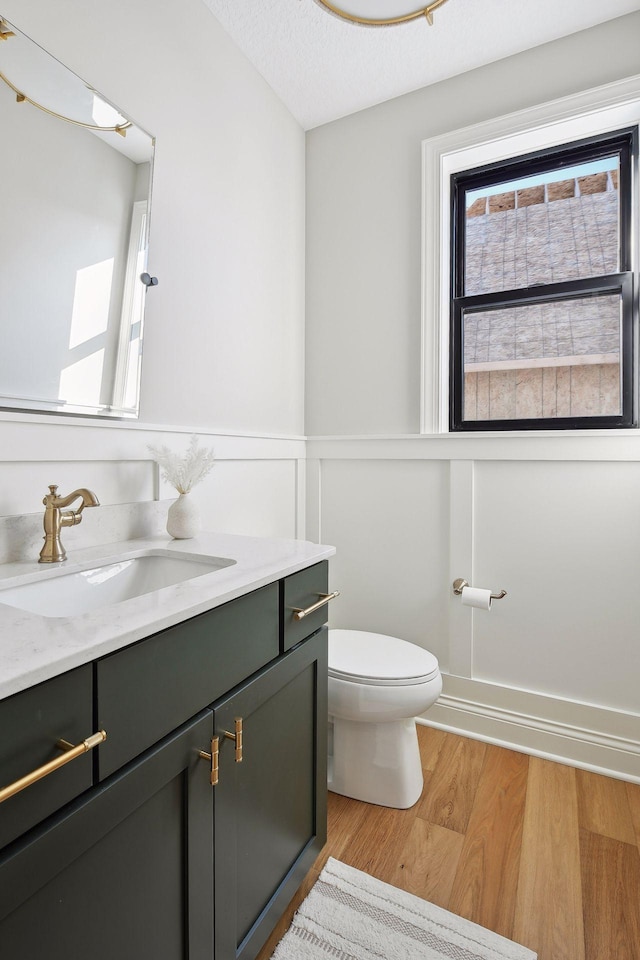 bathroom with toilet, a textured ceiling, wood-type flooring, and vanity