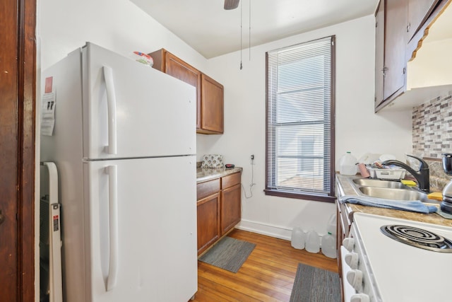 kitchen featuring sink, light hardwood / wood-style flooring, plenty of natural light, and white fridge