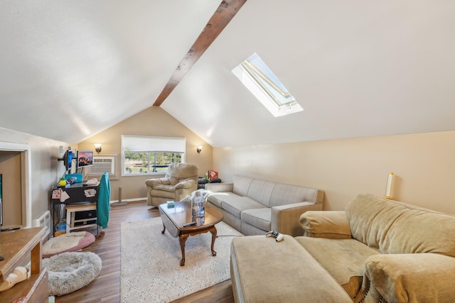 living room featuring wood-type flooring and vaulted ceiling with skylight