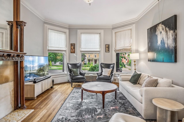 living room featuring light hardwood / wood-style floors and ornamental molding