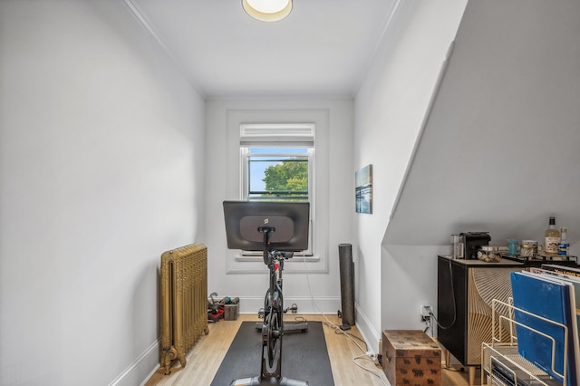 exercise room with hardwood / wood-style flooring and radiator