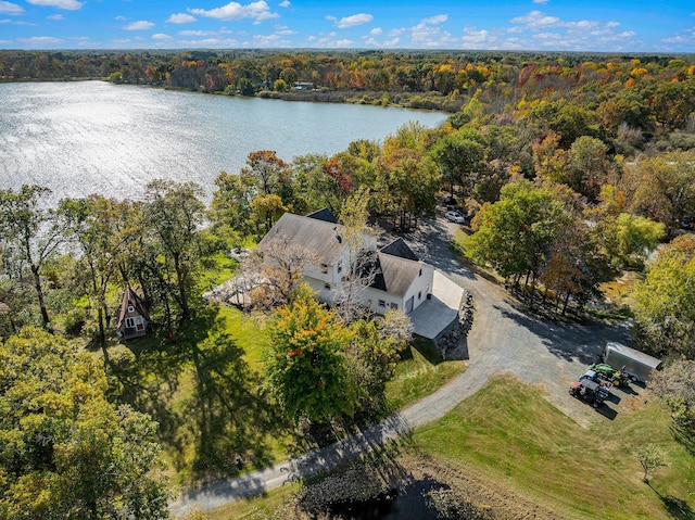 drone / aerial view with a water view