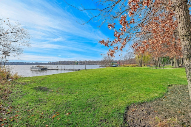 view of yard featuring a dock and a water view