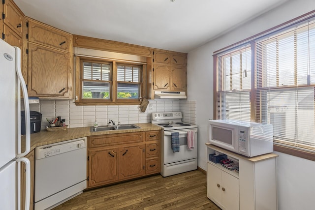 kitchen with white appliances, backsplash, dark hardwood / wood-style flooring, and sink