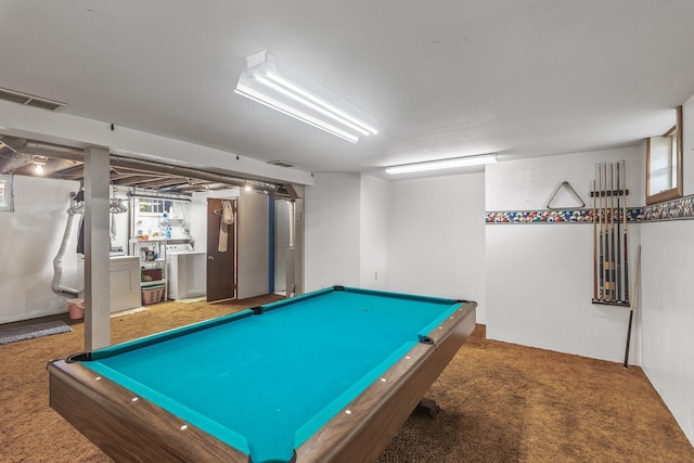 playroom featuring carpet, washing machine and clothes dryer, and billiards