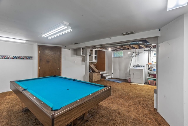 playroom with washer / clothes dryer, billiards, and dark carpet