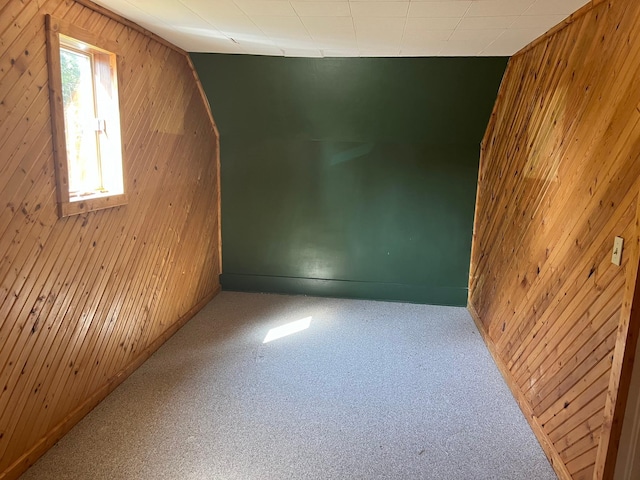 spare room with carpet floors and wood walls