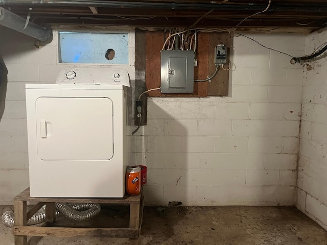 basement featuring washer / clothes dryer and electric panel